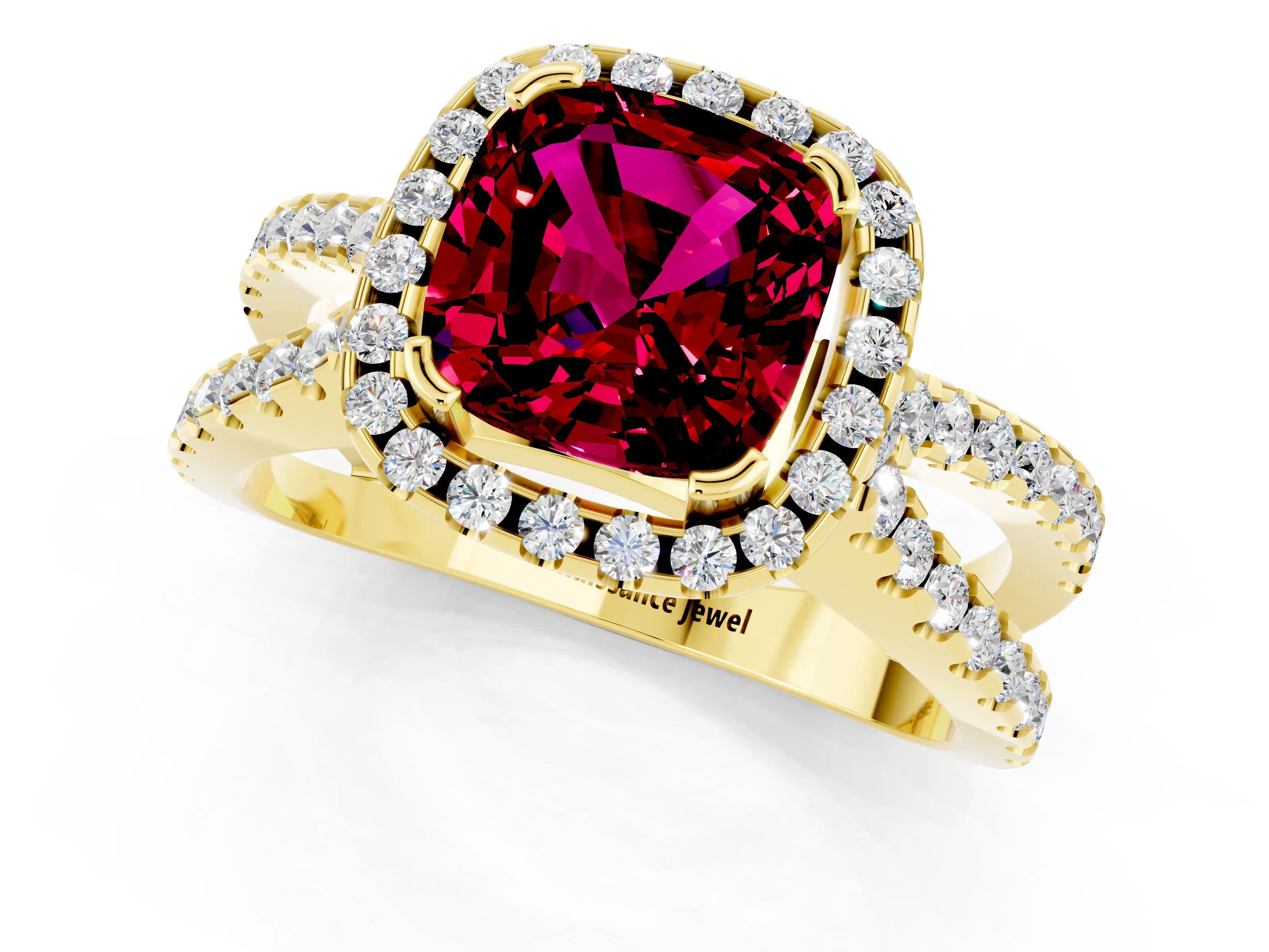 Yellow gold Cushion Cut Garnet Halo Ring with Split Shank Pavé Band and Prong Setting_1