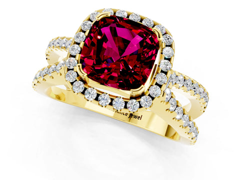 Yellow gold Cushion Cut Garnet Halo Ring with Split Shank Pavé Band and Prong Setting_1