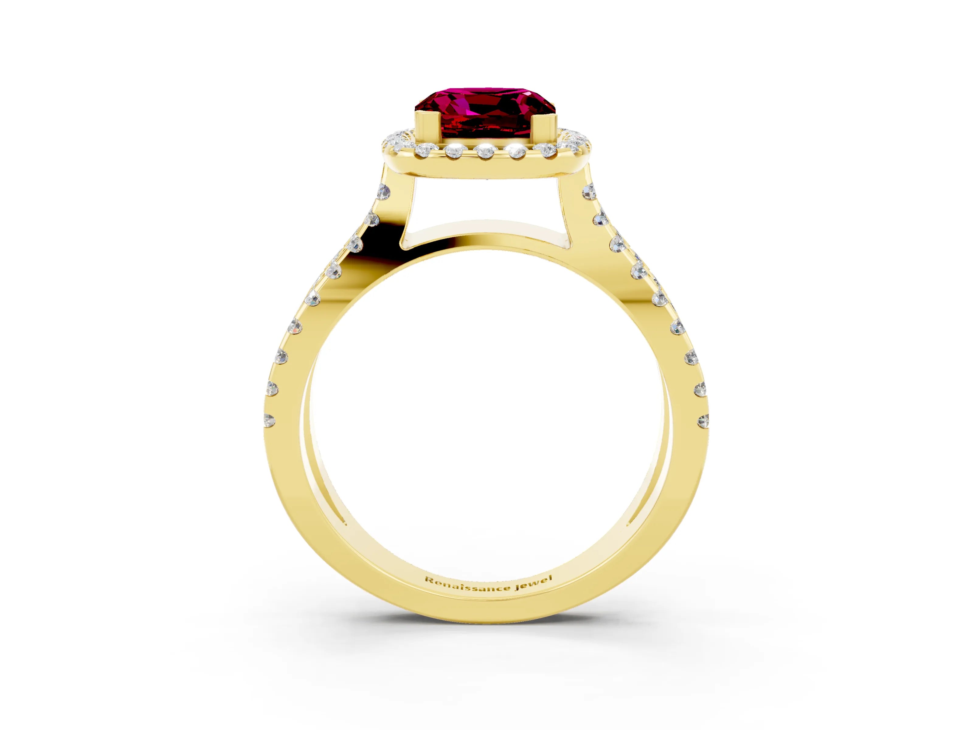 Yellow gold Cushion Cut Garnet Halo Ring with Split Shank Pavé Band and Prong Setting_3
