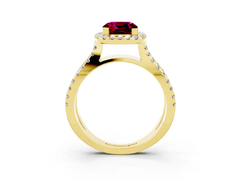 Yellow gold Cushion Cut Garnet Halo Ring with Split Shank Pavé Band and Prong Setting_3