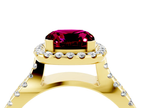 Yellow gold Cushion Cut Garnet Halo Ring with Split Shank Pavé Band and Prong Setting_4