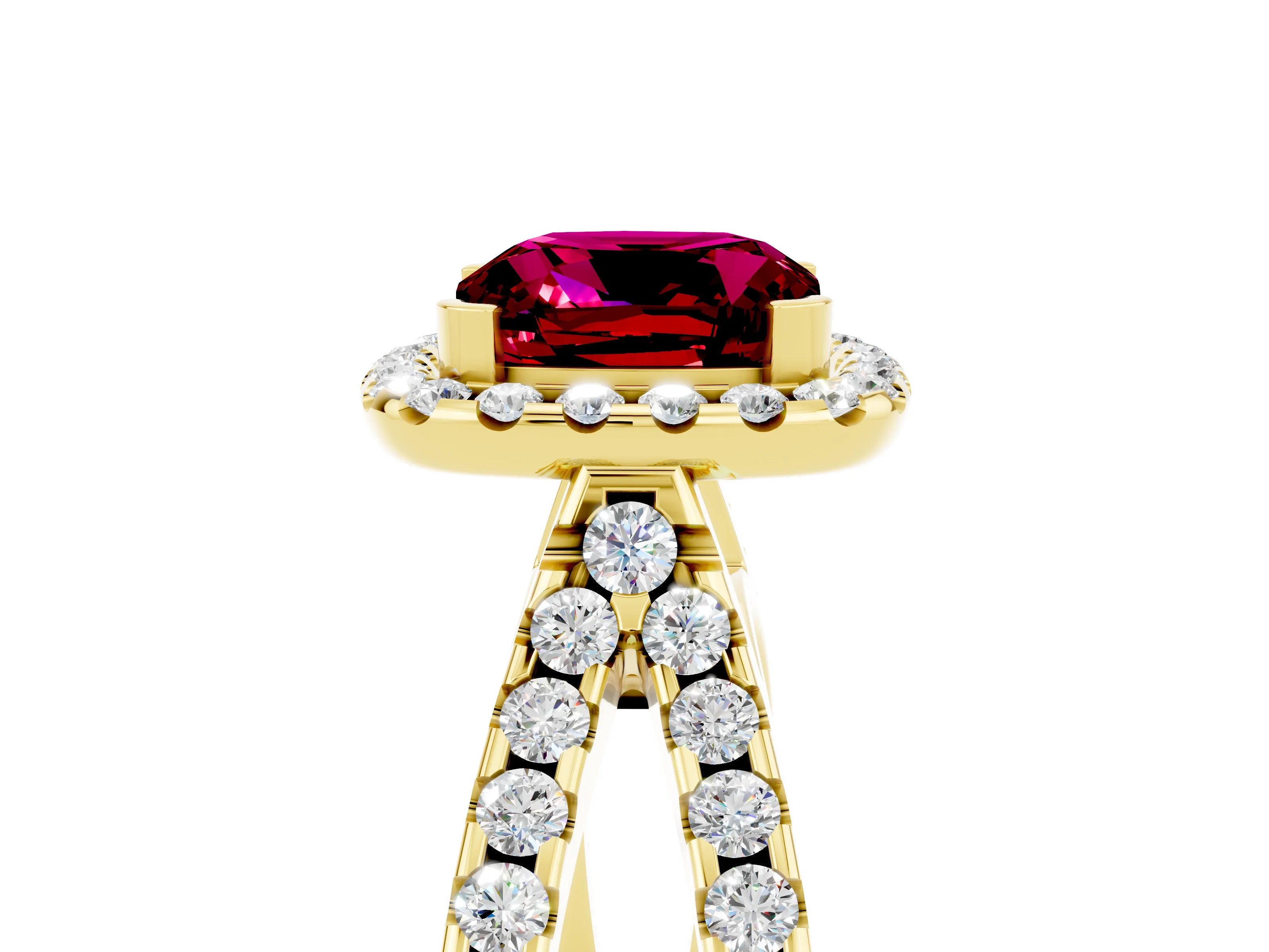 Yellow gold Cushion Cut Garnet Halo Ring with Split Shank Pavé Band and Prong Setting_5