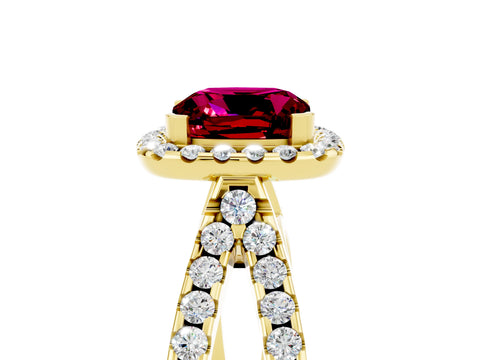 Yellow gold Cushion Cut Garnet Halo Ring with Split Shank Pavé Band and Prong Setting_5