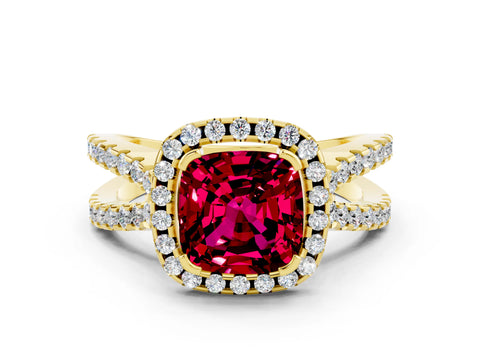 Yellow gold Cushion Cut Garnet Halo Ring with Split Shank Pavé Band and Prong Setting