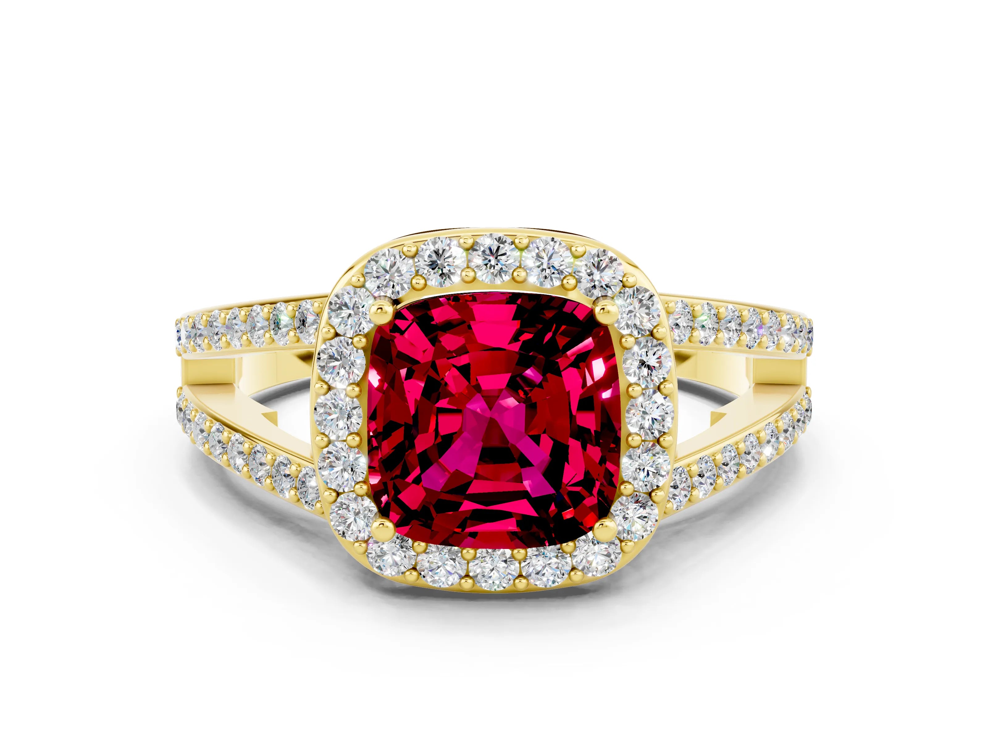 Yellow gold Cushion Cut Garnet Halo Ring with Split Shank U-Prong Band and Four-Prong Setting