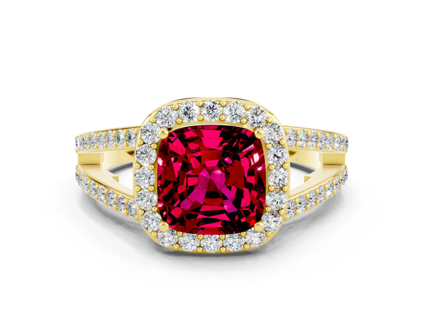 Yellow gold Cushion Cut Garnet Halo Ring with Split Shank U-Prong Band and Four-Prong Setting