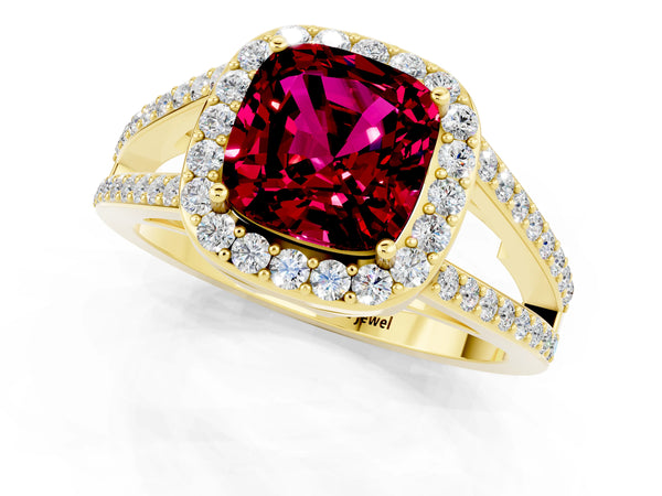 Yellow gold Cushion Cut Garnet Halo Ring with Split Shank U-Prong Band and Four-Prong Setting