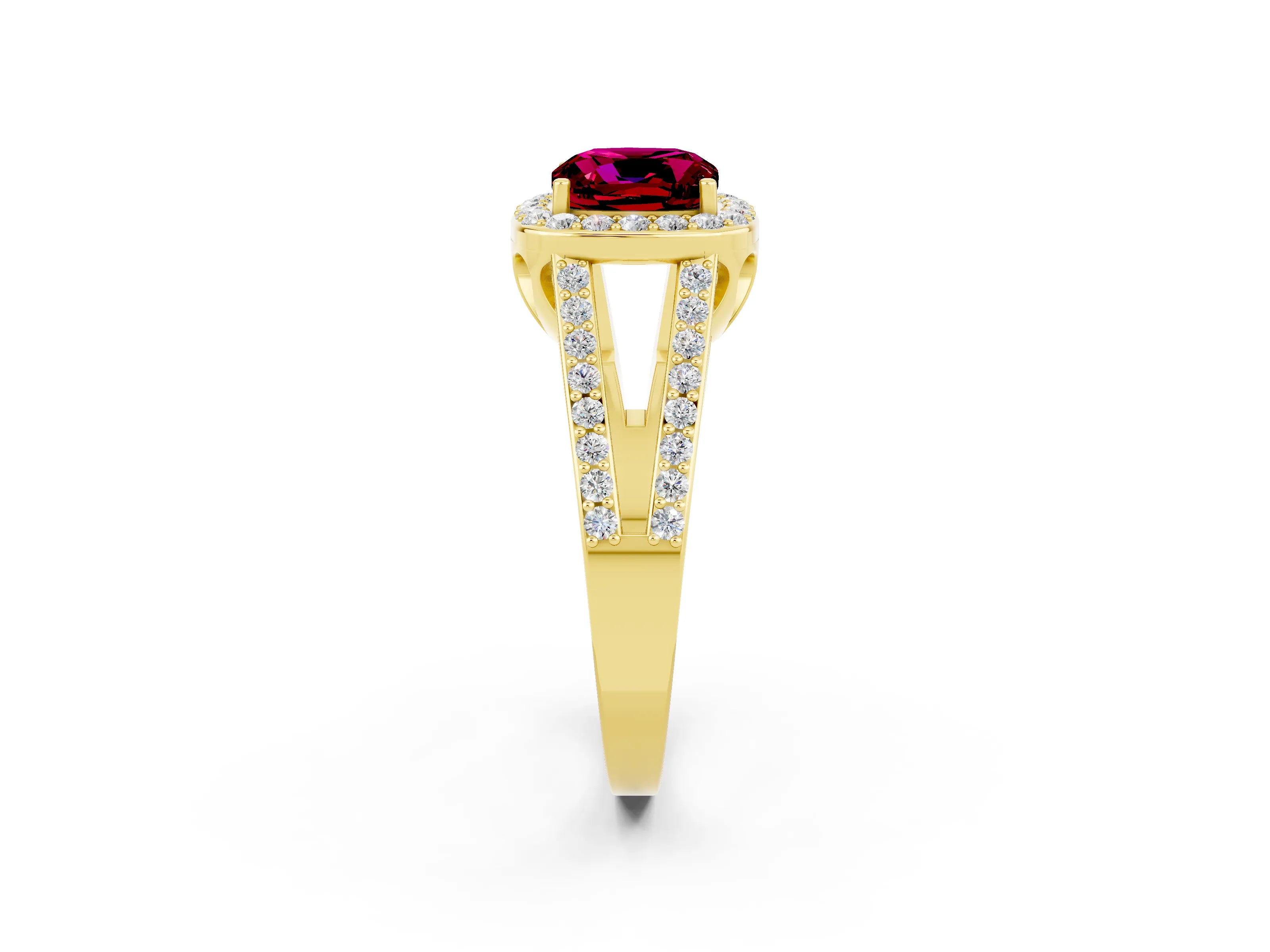 Yellow gold Cushion Cut Garnet Halo Ring with Split Shank U-Prong Band and Four-Prong Setting_2