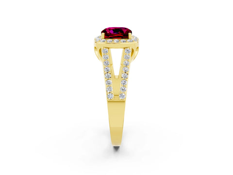 Yellow gold Cushion Cut Garnet Halo Ring with Split Shank U-Prong Band and Four-Prong Setting_2