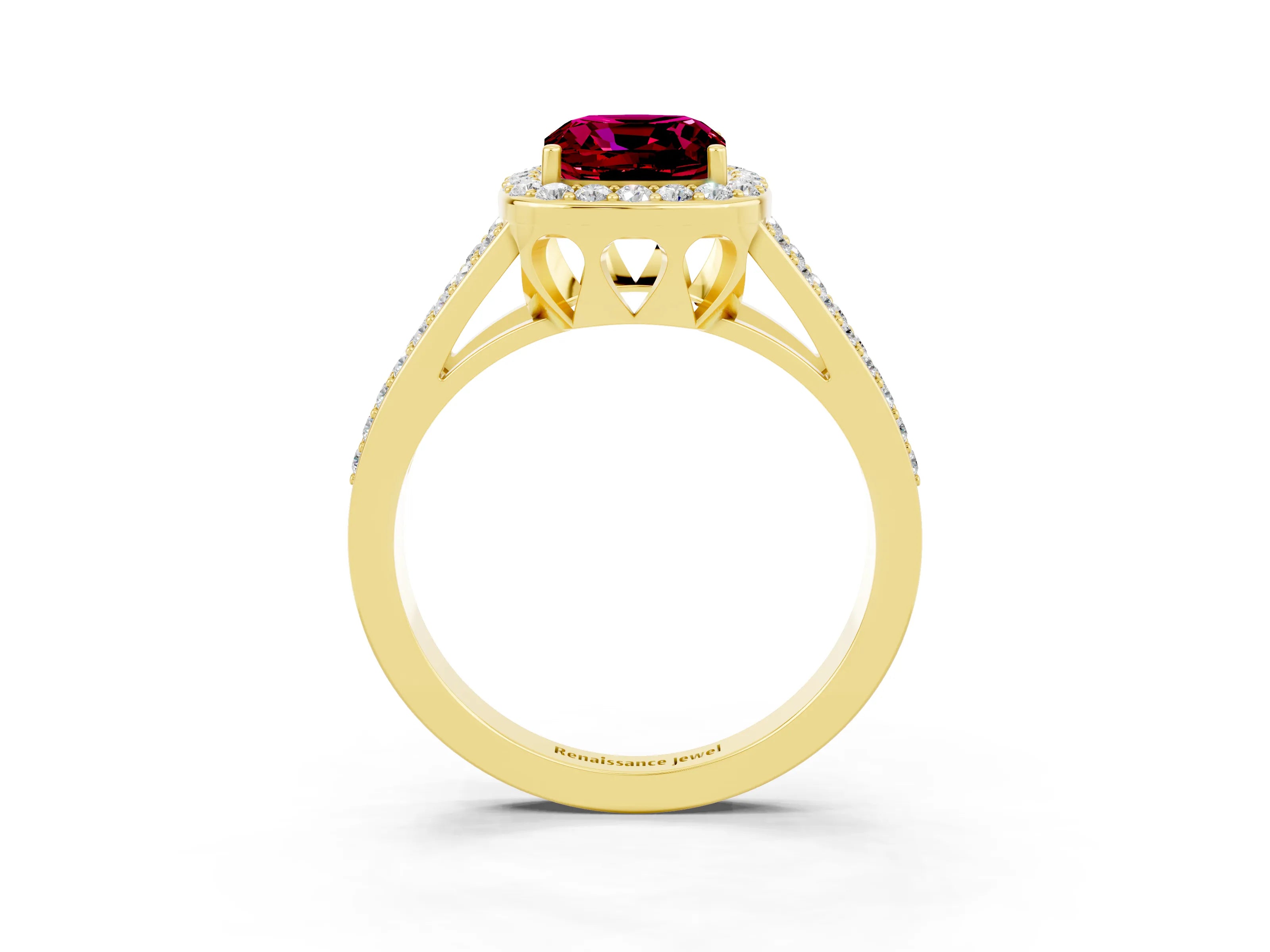 Yellow gold Cushion Cut Garnet Halo Ring with Split Shank U-Prong Band and Four-Prong Setting_3