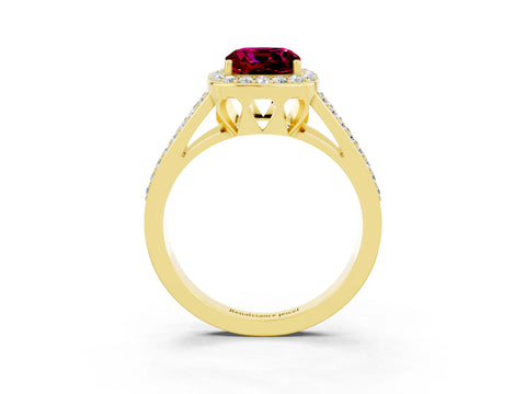 Yellow gold Cushion Cut Garnet Halo Ring with Split Shank U-Prong Band and Four-Prong Setting_3