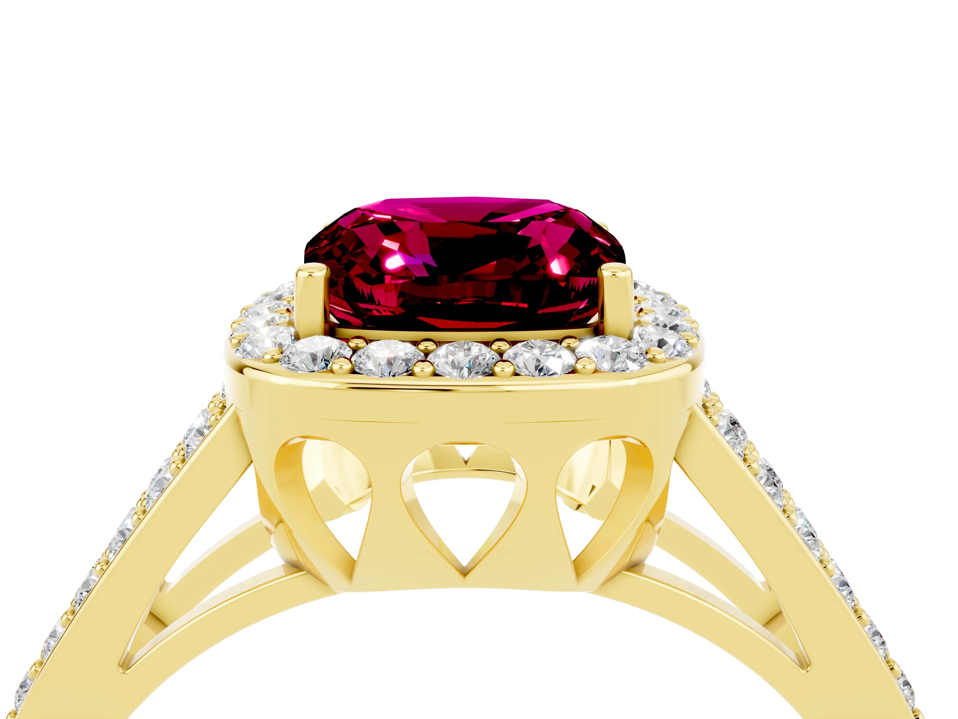Yellow gold Cushion Cut Garnet Halo Ring with Split Shank U-Prong Band and Four-Prong Setting_4