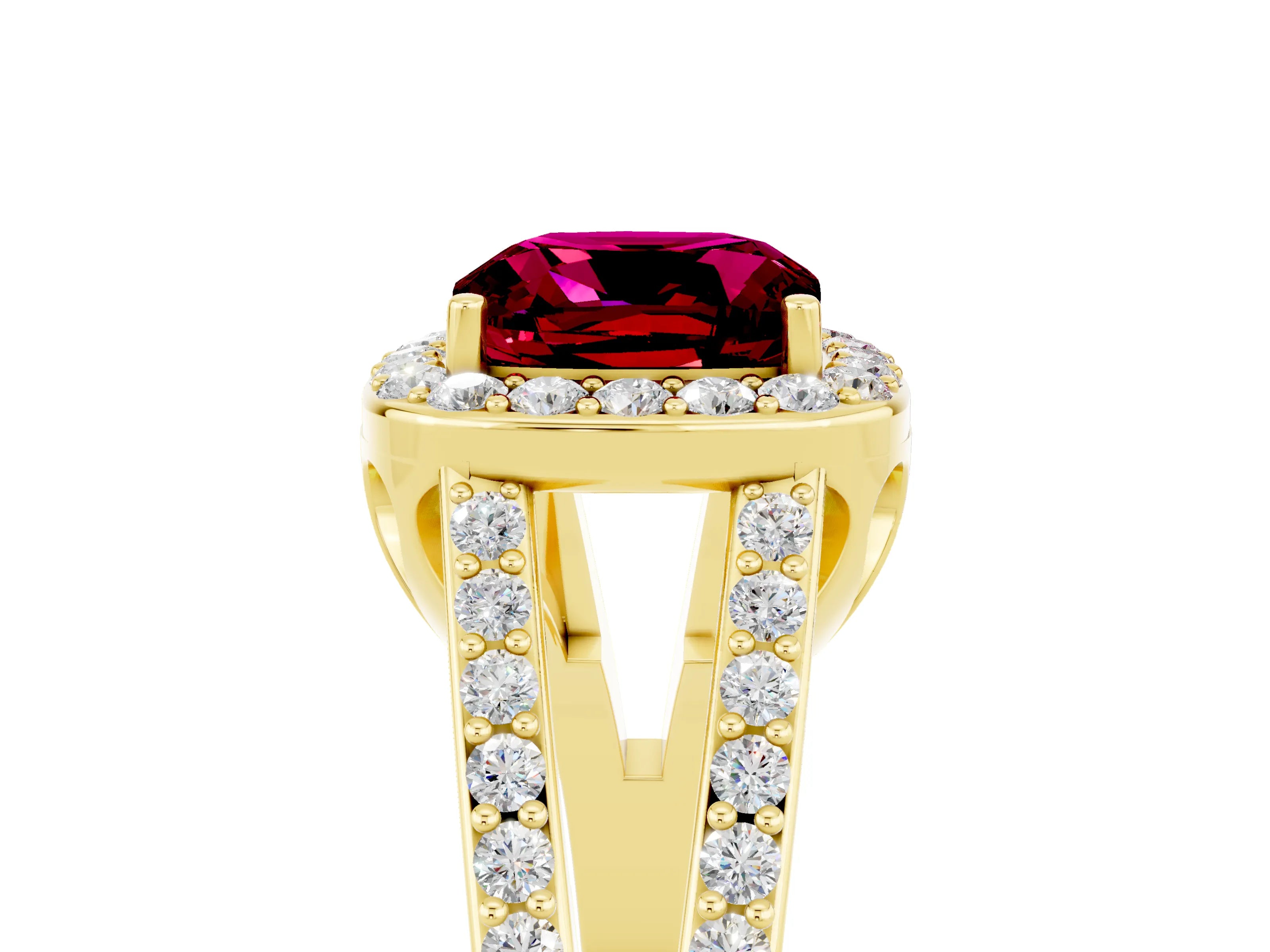 Yellow gold Cushion Cut Garnet Halo Ring with Split Shank U-Prong Band and Four-Prong Setting_5