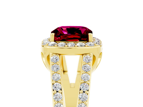 Yellow gold Cushion Cut Garnet Halo Ring with Split Shank U-Prong Band and Four-Prong Setting_5