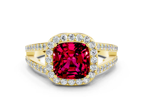 Yellow gold Cushion Cut Garnet Halo Ring with Split Shank U-Prong Band and Four-Prong Setting