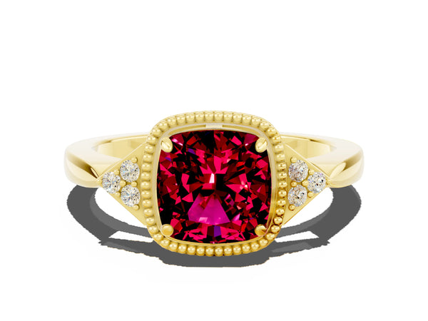 Yellow gold Cushion Cut Garnet Halo Ring with Tapered Band and Four-Prong Setting