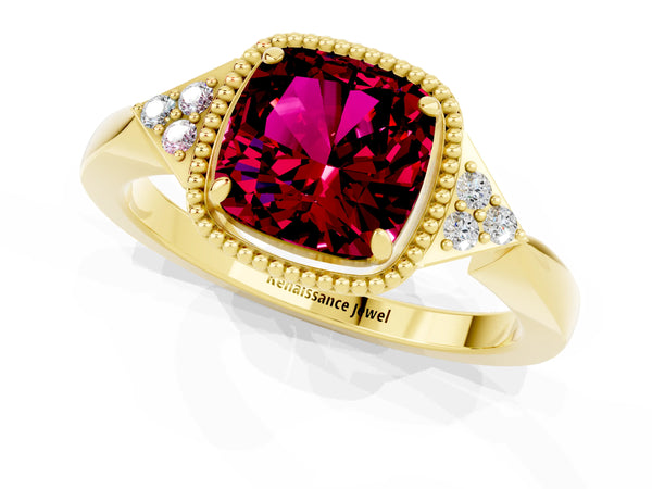 Yellow gold Cushion Cut Garnet Halo Ring with Tapered Band and Four-Prong Setting