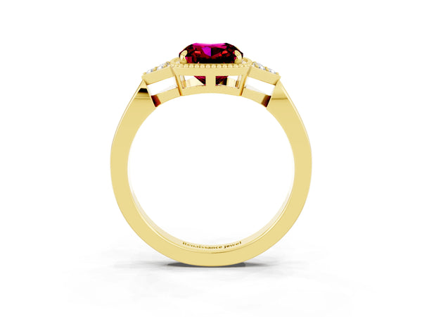 Yellow gold Cushion Cut Garnet Halo Ring with Tapered Band and Four-Prong Setting