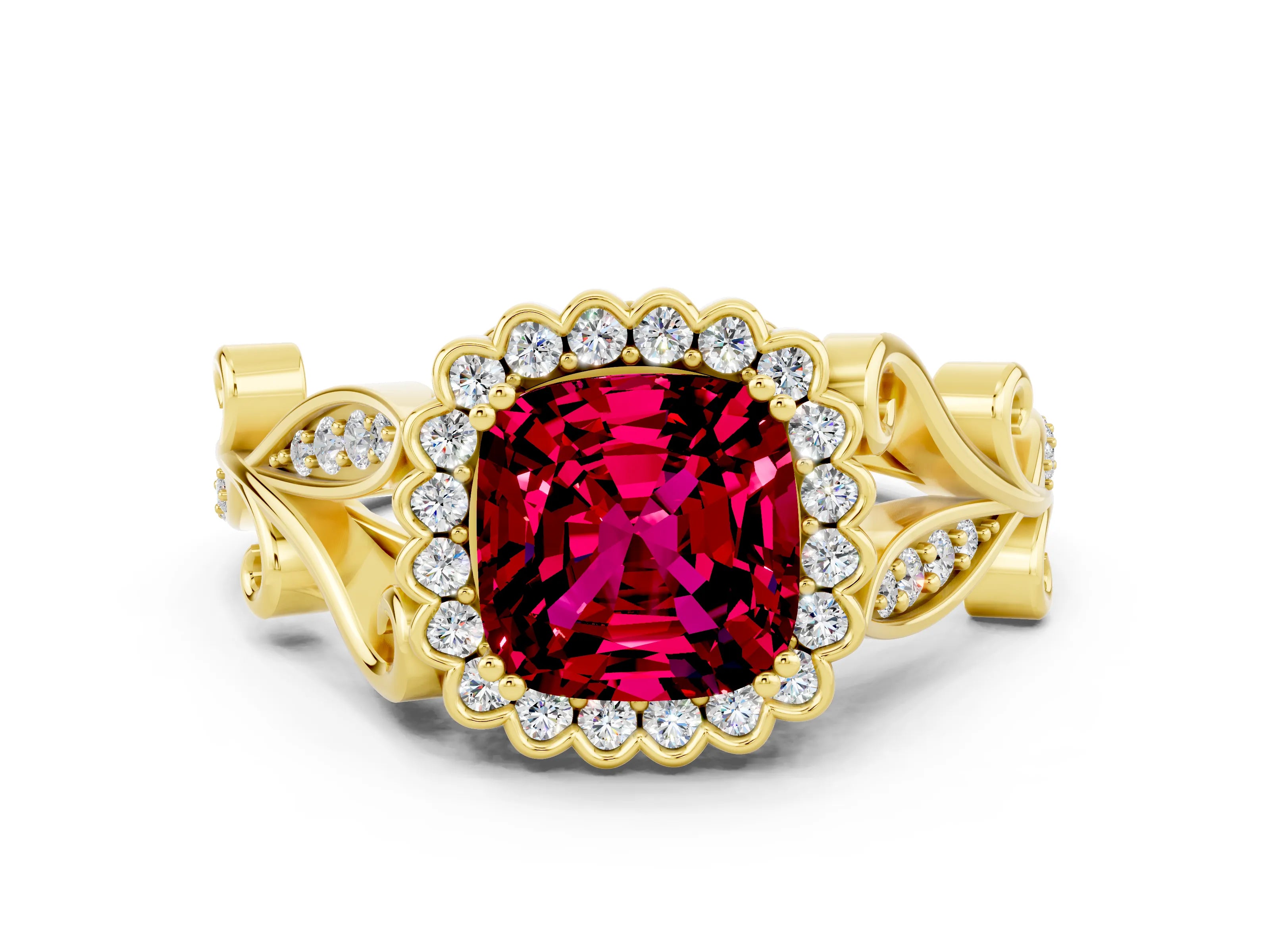 Yellow gold Cushion Cut Garnet Halo Ring with Vintage Split Shank and Four-Prong Setting