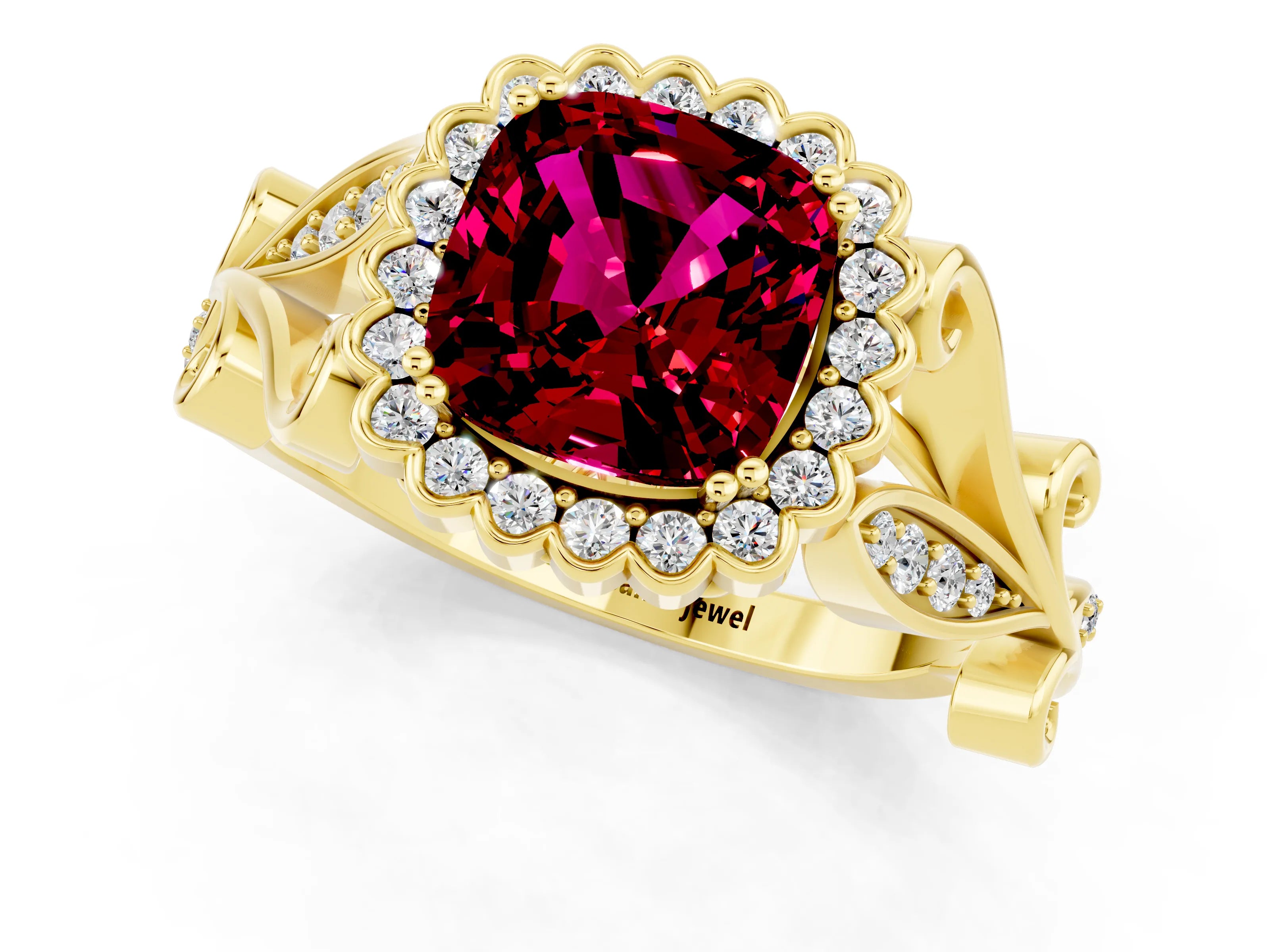 Yellow gold Cushion Cut Garnet Halo Ring with Vintage Split Shank and Four-Prong Setting_1