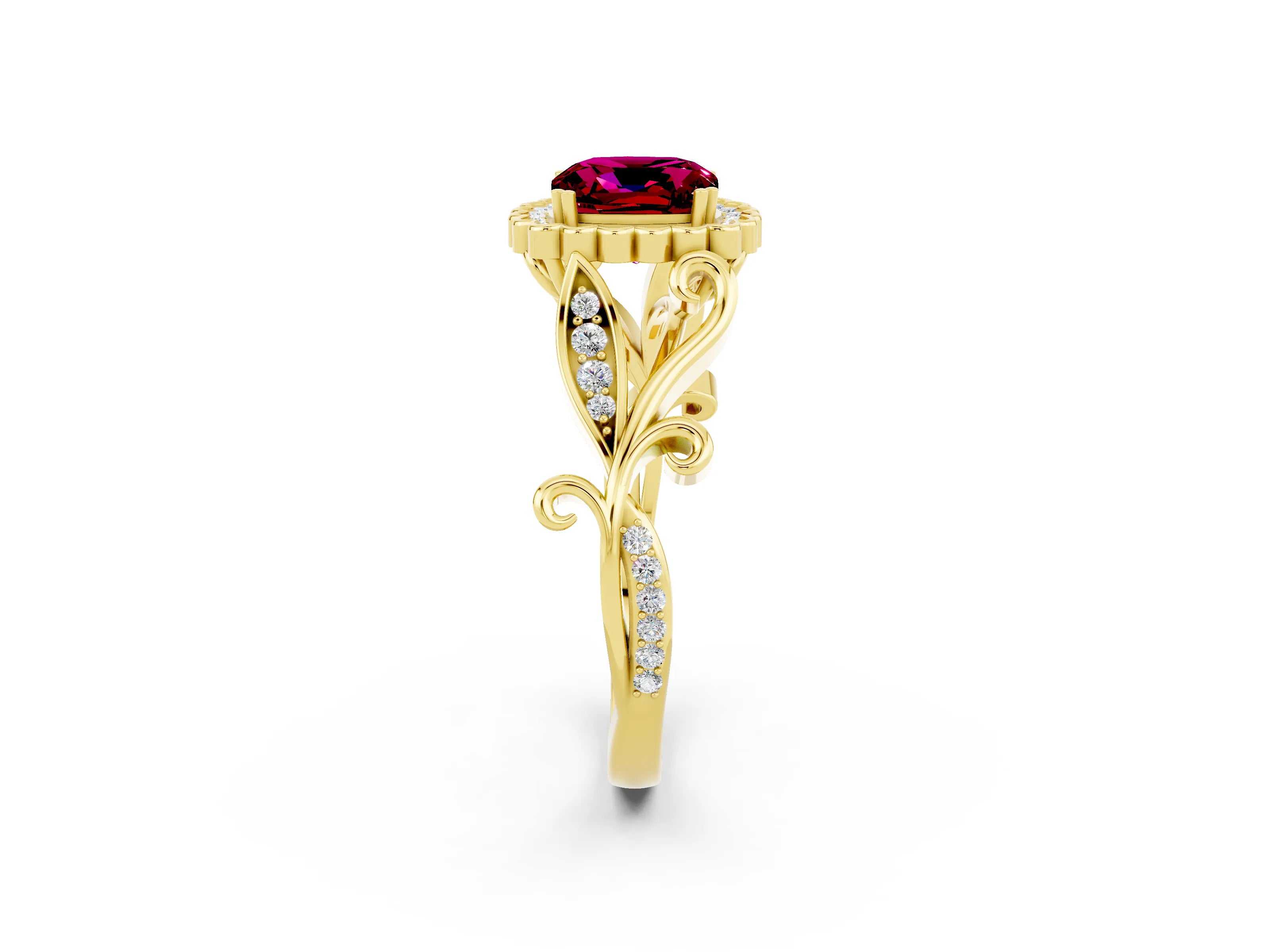 Yellow gold Cushion Cut Garnet Halo Ring with Vintage Split Shank and Four-Prong Setting_2