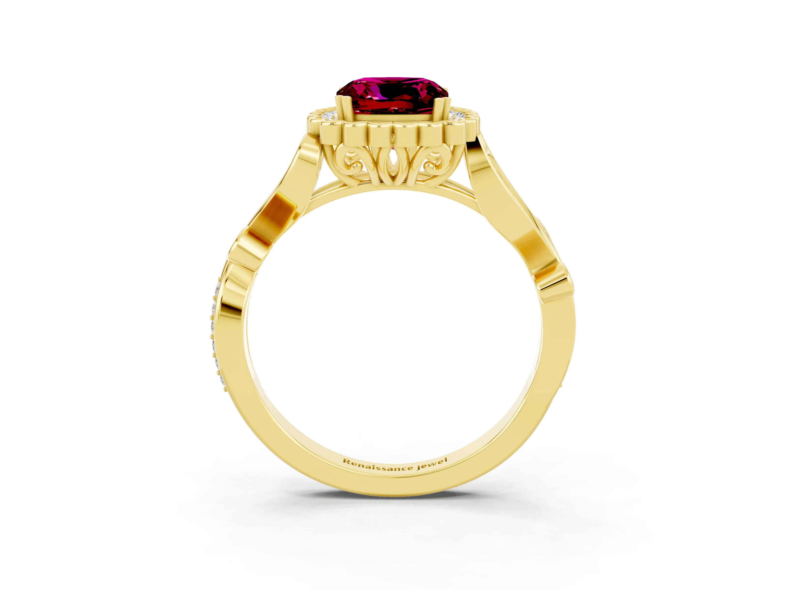 Yellow gold Cushion Cut Garnet Halo Ring with Vintage Split Shank and Four-Prong Setting_3
