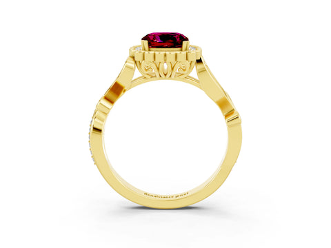 Yellow gold Cushion Cut Garnet Halo Ring with Vintage Split Shank and Four-Prong Setting_3