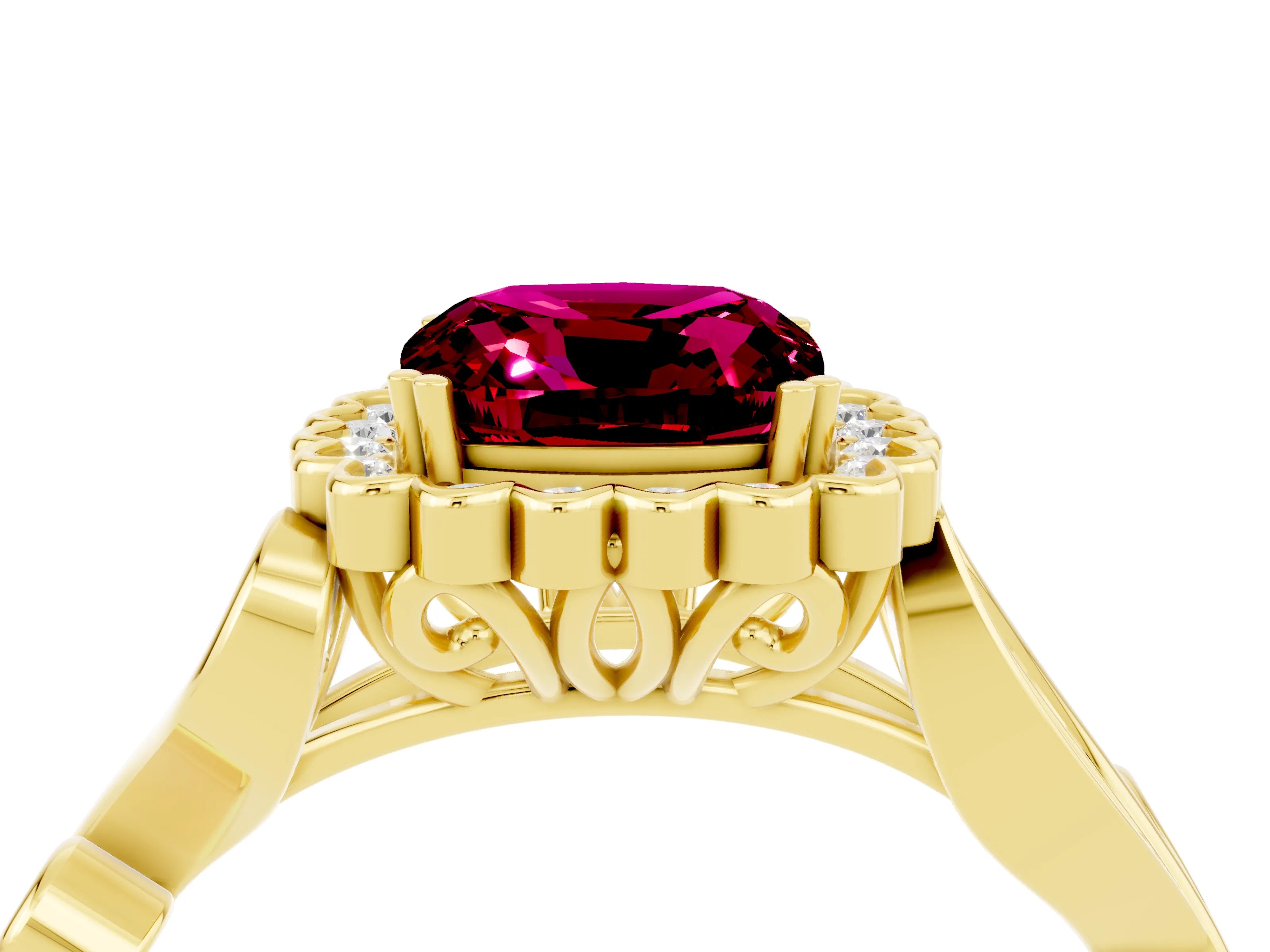 Yellow gold Cushion Cut Garnet Halo Ring with Vintage Split Shank and Four-Prong Setting_4