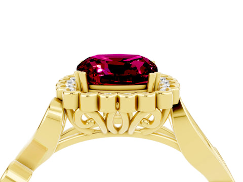 Yellow gold Cushion Cut Garnet Halo Ring with Vintage Split Shank and Four-Prong Setting_4