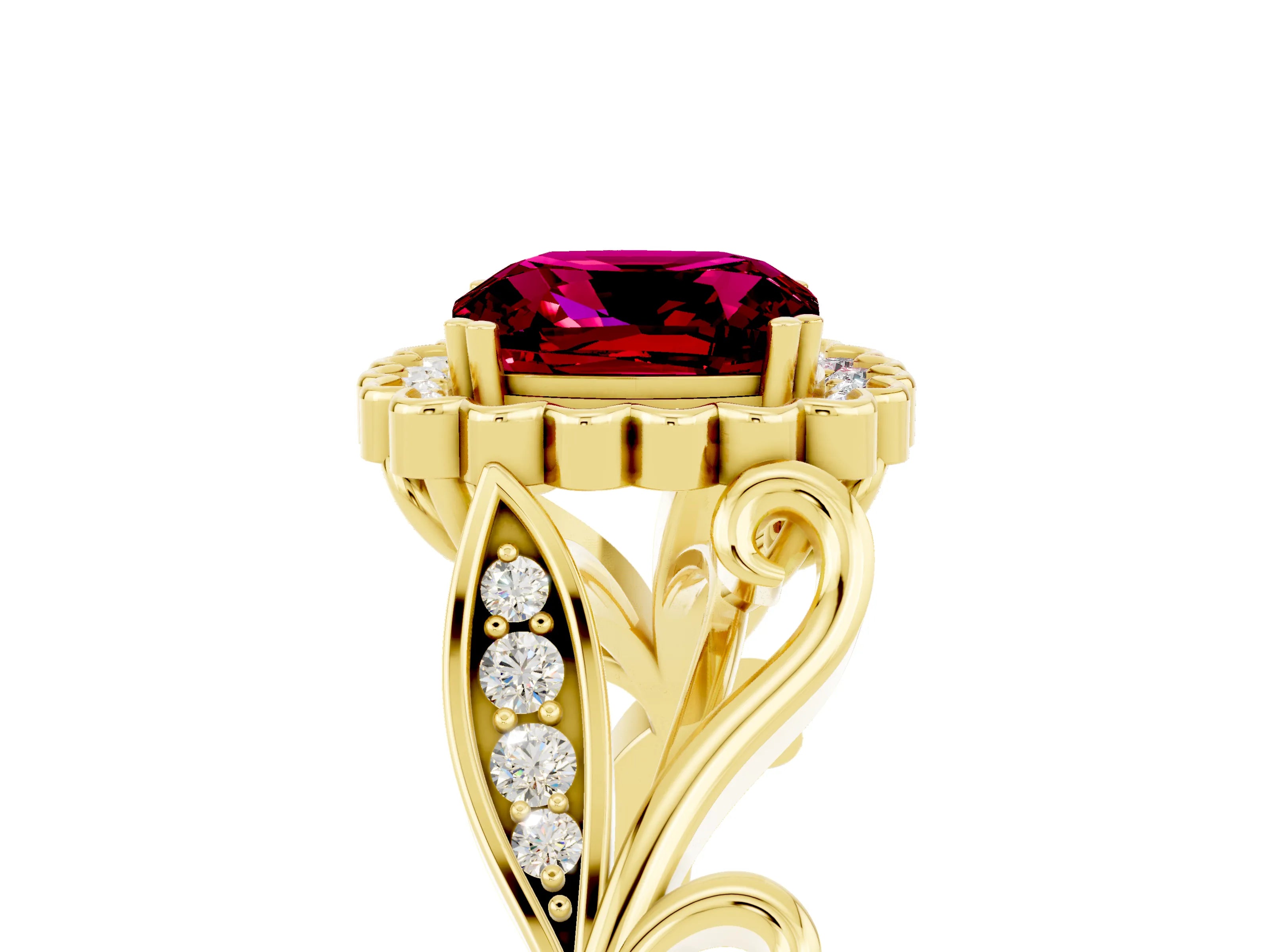 Yellow gold Cushion Cut Garnet Halo Ring with Vintage Split Shank and Four-Prong Setting_5