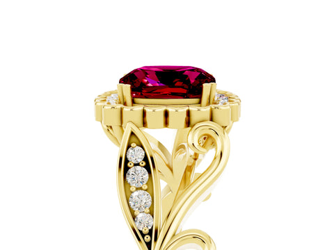 Yellow gold Cushion Cut Garnet Halo Ring with Vintage Split Shank and Four-Prong Setting_5