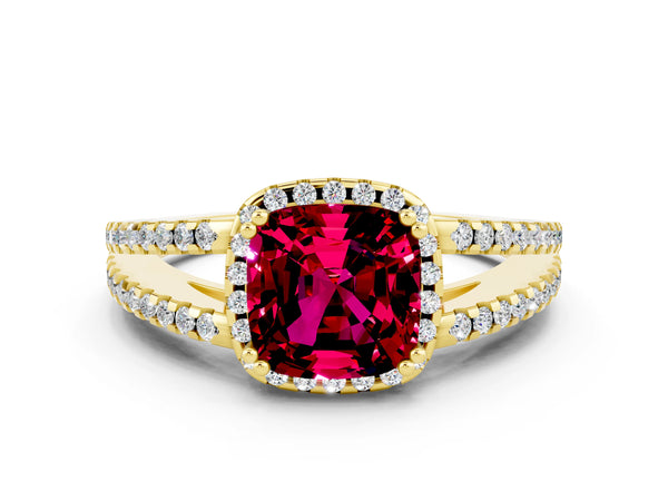 Yellow gold Cushion Cut Garnet Halo Split Shank Engagement Ring