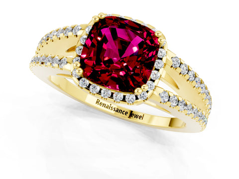 Yellow gold Cushion Cut Garnet Halo Split Shank Engagement Ring_13