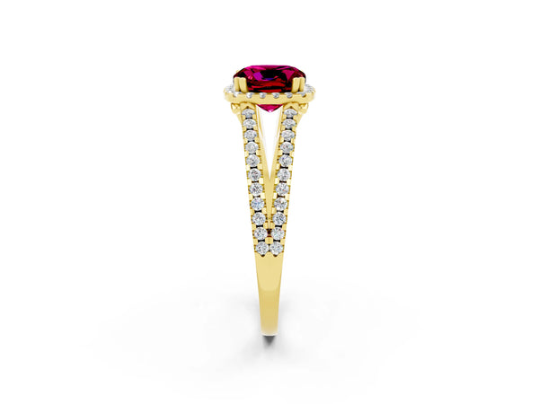 Yellow gold Cushion Cut Garnet Halo Split Shank Engagement Ring