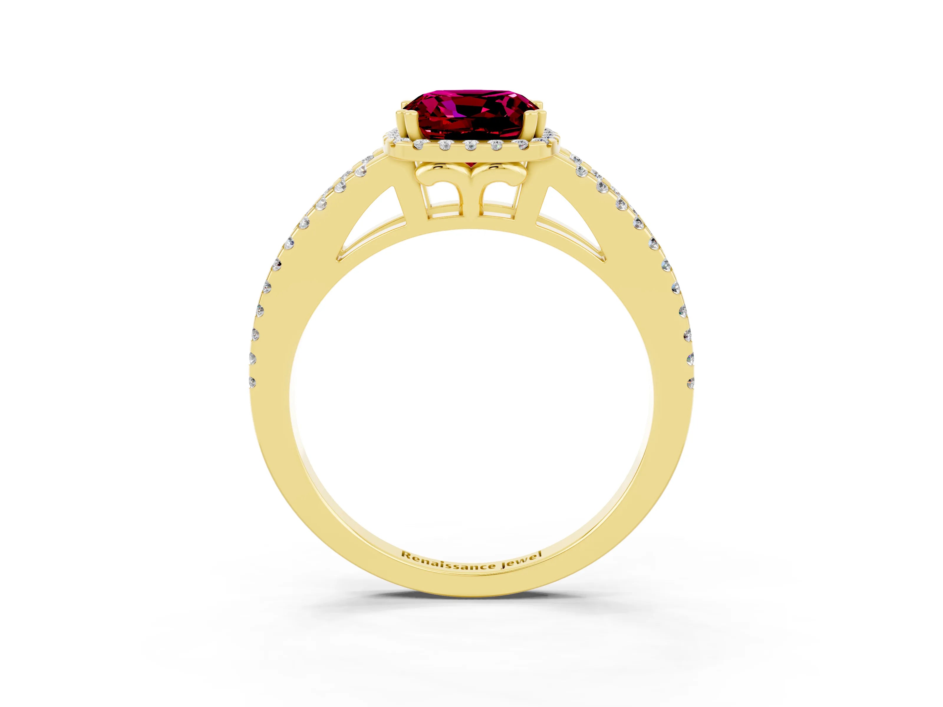 Yellow gold Cushion Cut Garnet Halo Split Shank Engagement Ring_15