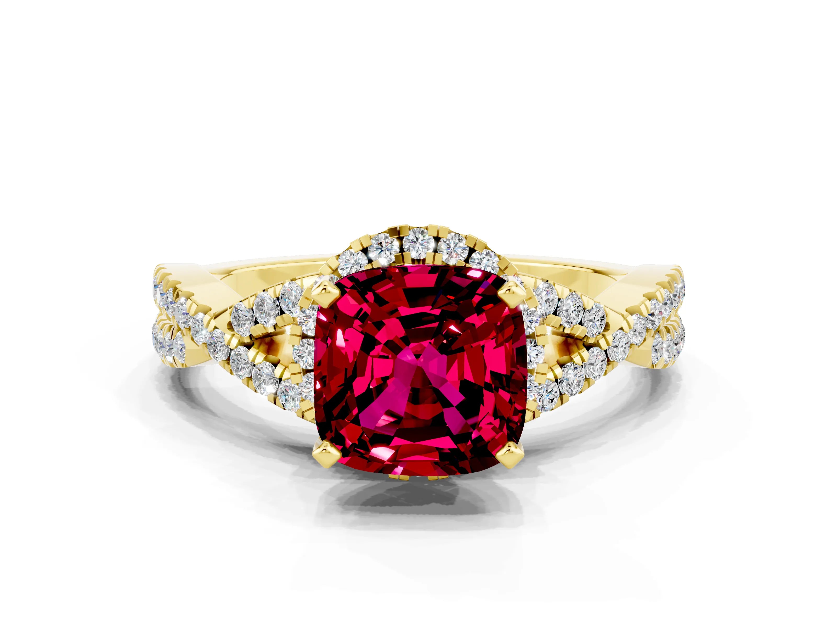 Yellow gold Cushion Cut Garnet Halo Twist Band Solitaire Prong Setting Ring
