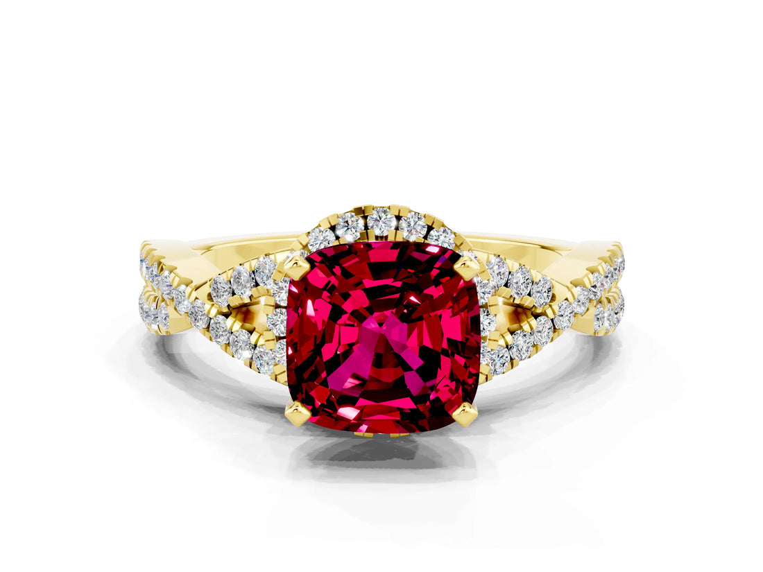 Yellow gold Cushion Cut Garnet Halo Twist Band Solitaire Prong Setting Ring