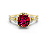 Yellow gold Cushion Cut Garnet Halo Twist Band Solitaire Prong Setting Ring