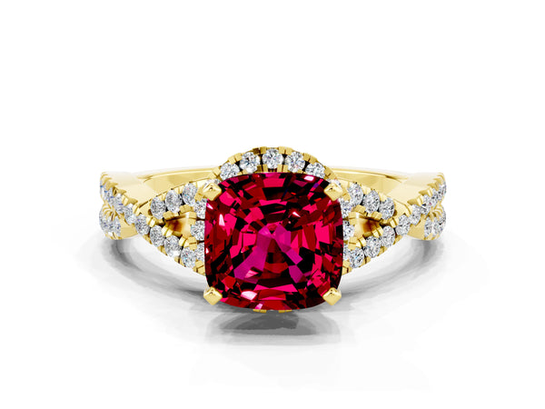 Yellow gold Cushion Cut Garnet  Halo Twist Band Solitaire Prong Setting Ring