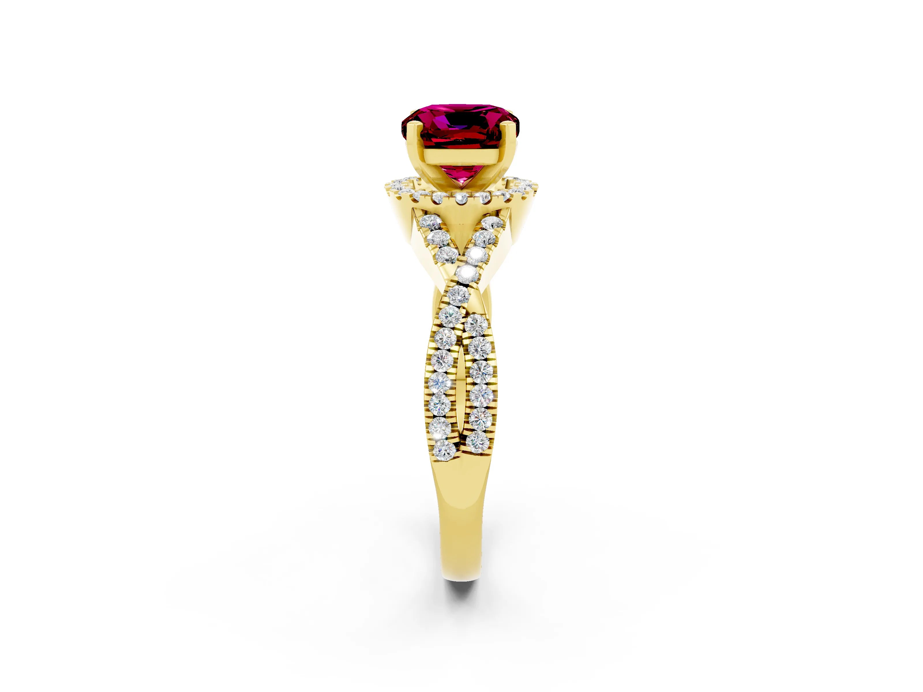 Yellow gold Cushion Cut Garnet Halo Twist Band Solitaire Prong Setting Ring_2