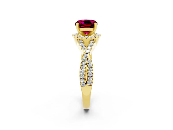 Yellow gold Cushion Cut Garnet  Halo Twist Band Solitaire Prong Setting Ring