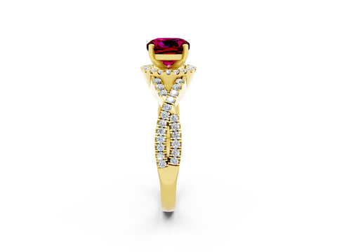 Yellow gold Cushion Cut Garnet Halo Twist Band Solitaire Prong Setting Ring_2