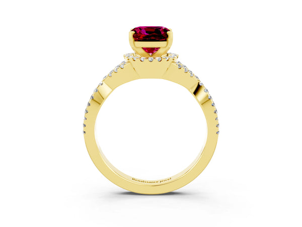 Yellow gold Cushion Cut Garnet  Halo Twist Band Solitaire Prong Setting Ring