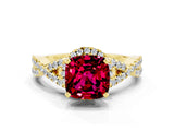 Yellow gold Cushion Cut Garnet  Halo Twist Band Solitaire Prong Setting Ring_36
