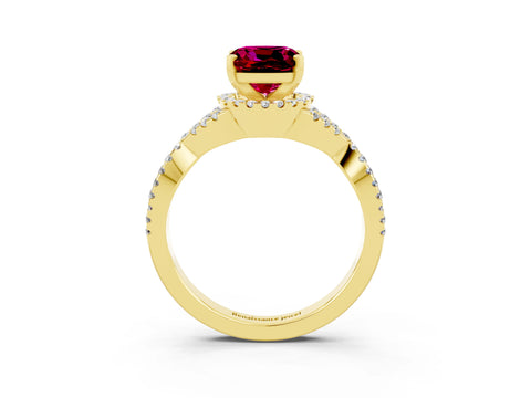 Yellow gold Cushion Cut Garnet Halo Twist Band Solitaire Prong Setting Ring_3