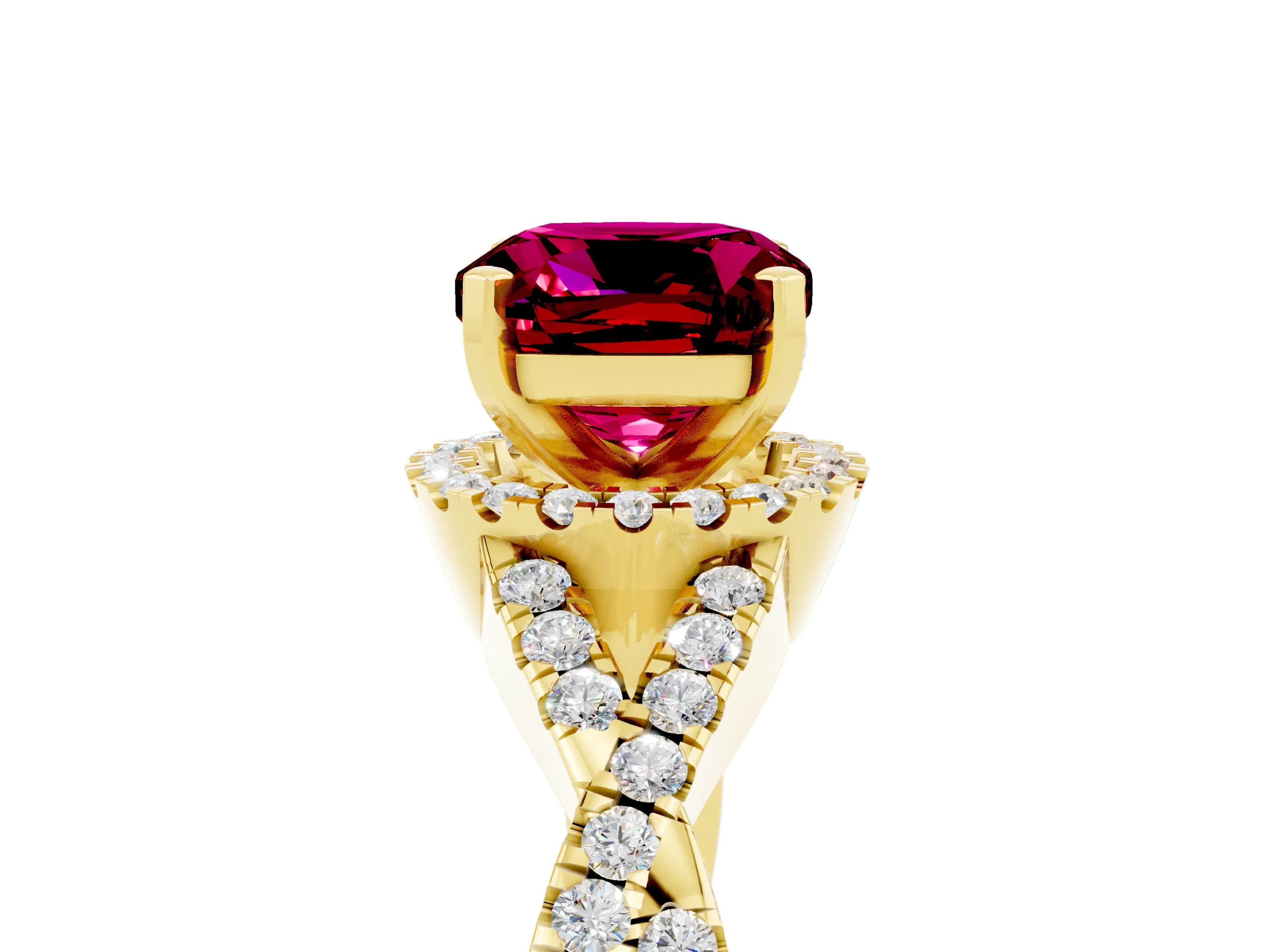 Yellow gold Cushion Cut Garnet Halo Twist Band Solitaire Prong Setting Ring_5