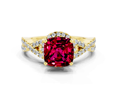 Yellow gold Cushion Cut Garnet Halo Twist Band Solitaire Prong Setting Ring