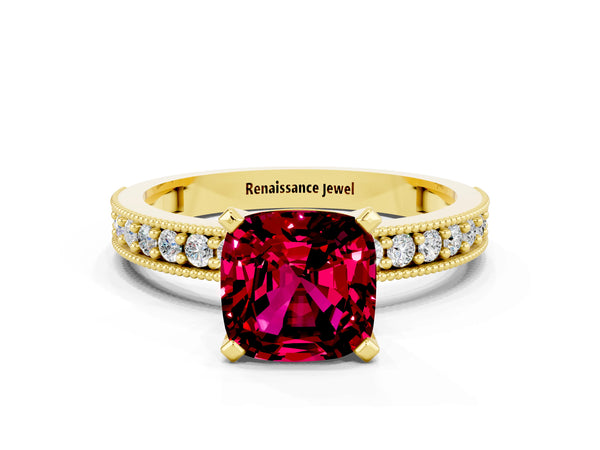 Yellow gold Cushion Cut Garnet Milgrain Pavé Engagement Ring with Four-Prong Setting