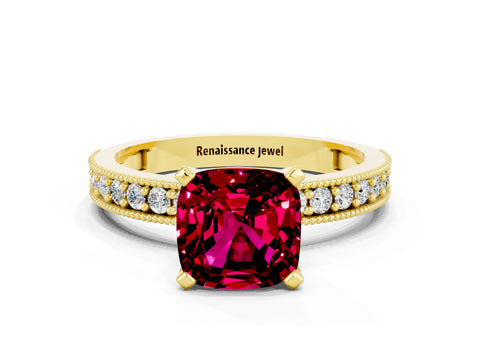 Yellow gold Cushion Cut Garnet Milgrain Pavé Engagement Ring with Four-Prong Setting_12