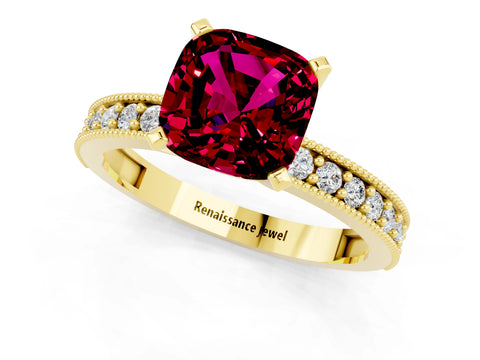 Yellow gold Cushion Cut Garnet Milgrain Pavé Engagement Ring with Four-Prong Setting_13